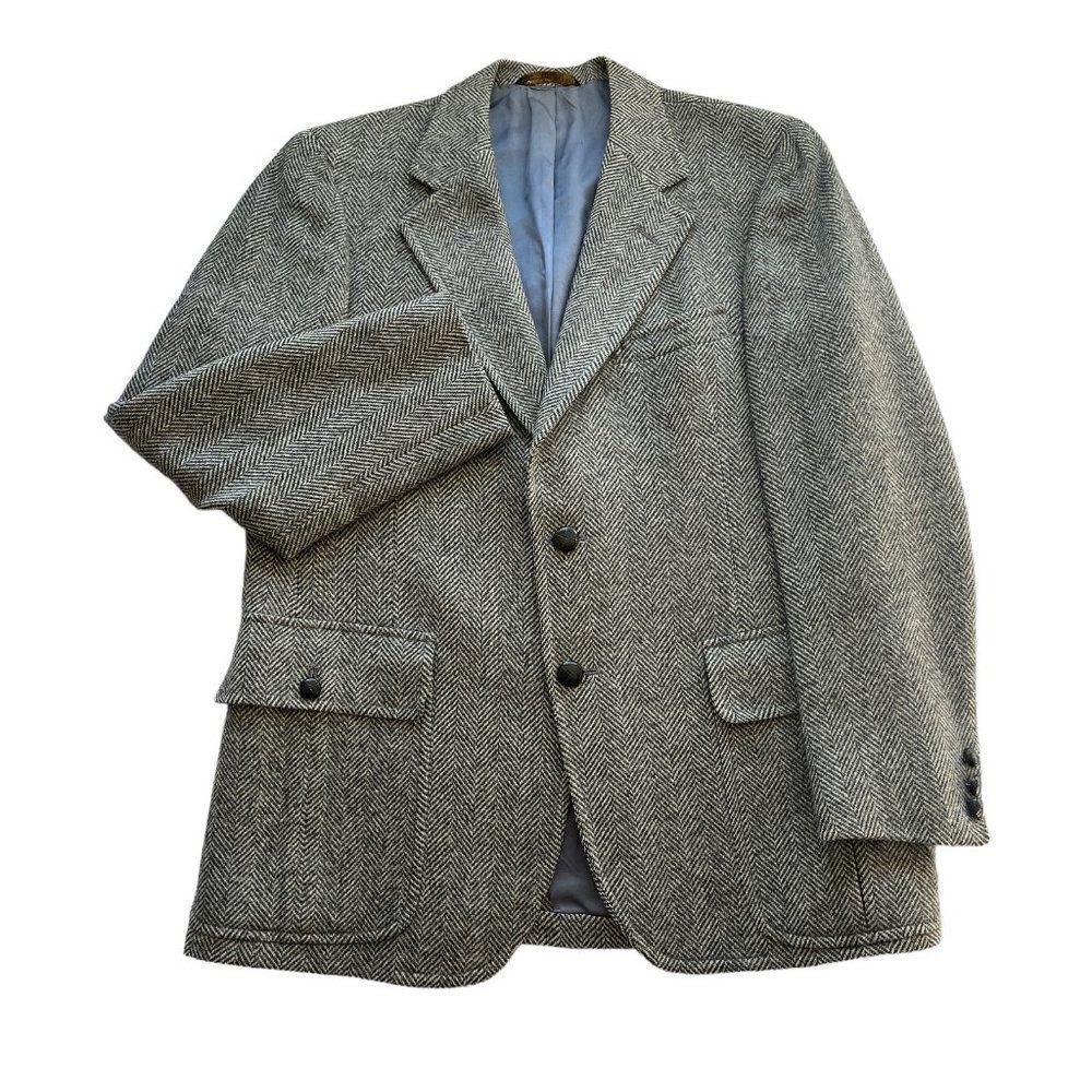 Vintage Tweed Wool Sport Coat Jacket Men 40R Herringbone Gray Hart Shaffner Marx